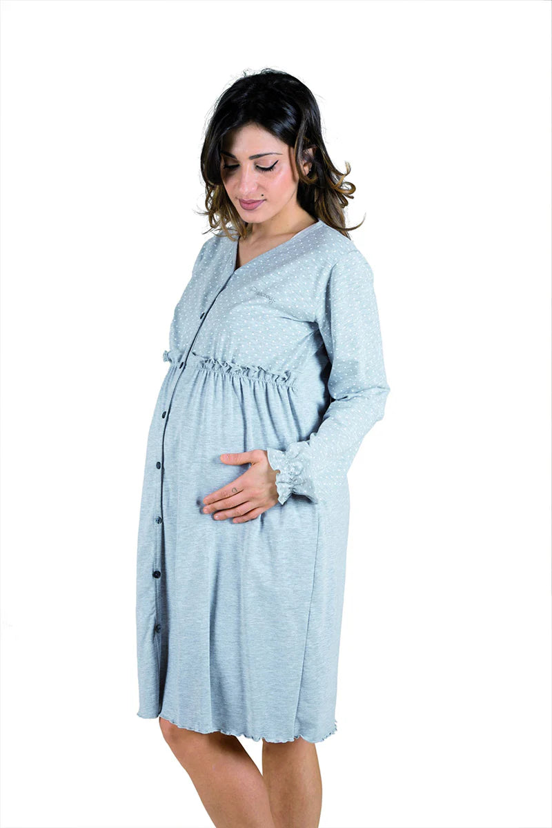 Camicia da notte clinica aperta davanti manica lunga con pois