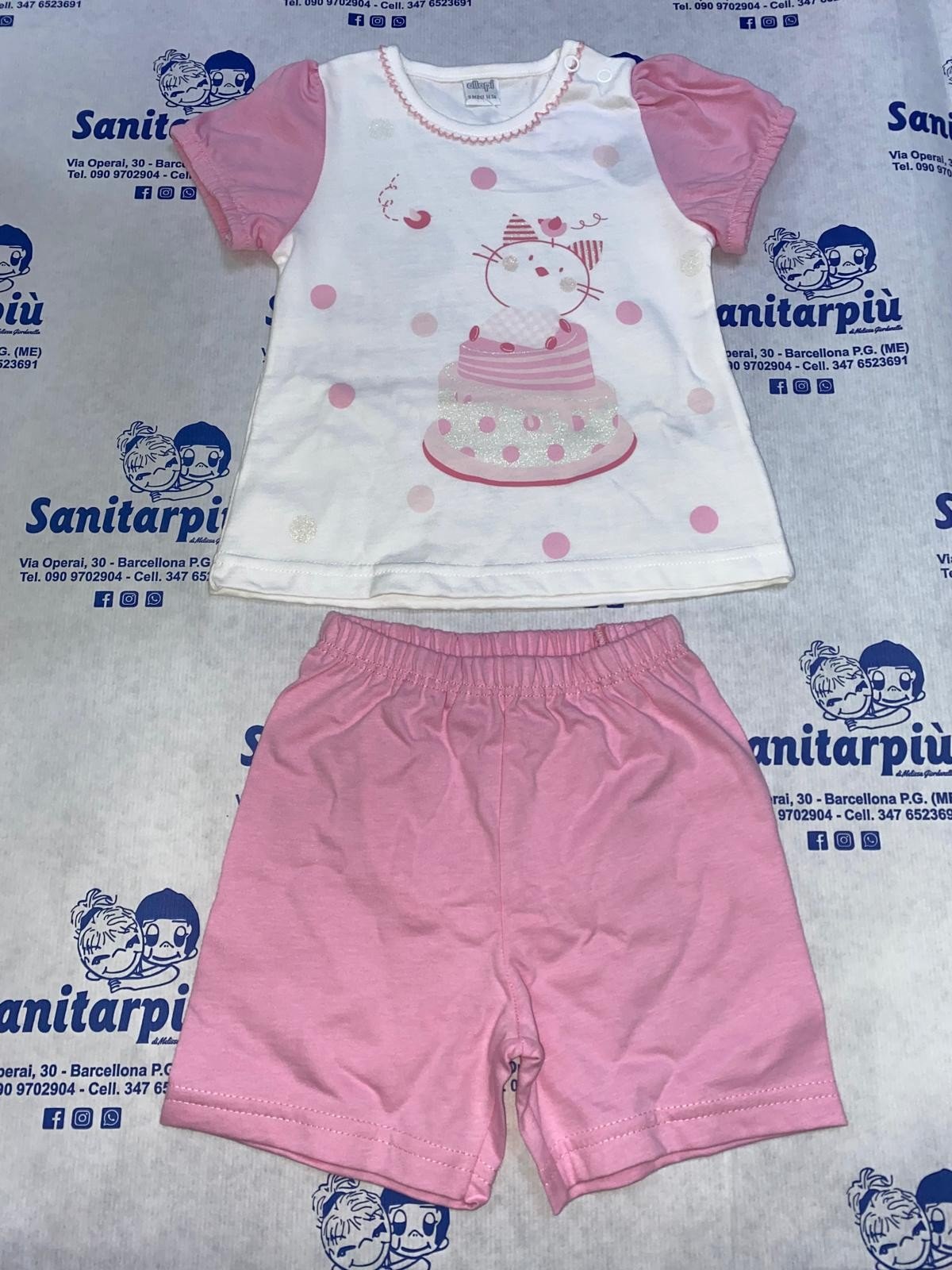 Pigiamino mezza manica bimba con gattino Ellepi Rosa, 9mesi 74Cm